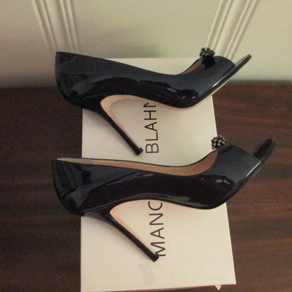 Manolo Blahnik Dark Navy Patent Leather Peep Toe Rhinestone Ball - Picture 6 of 7